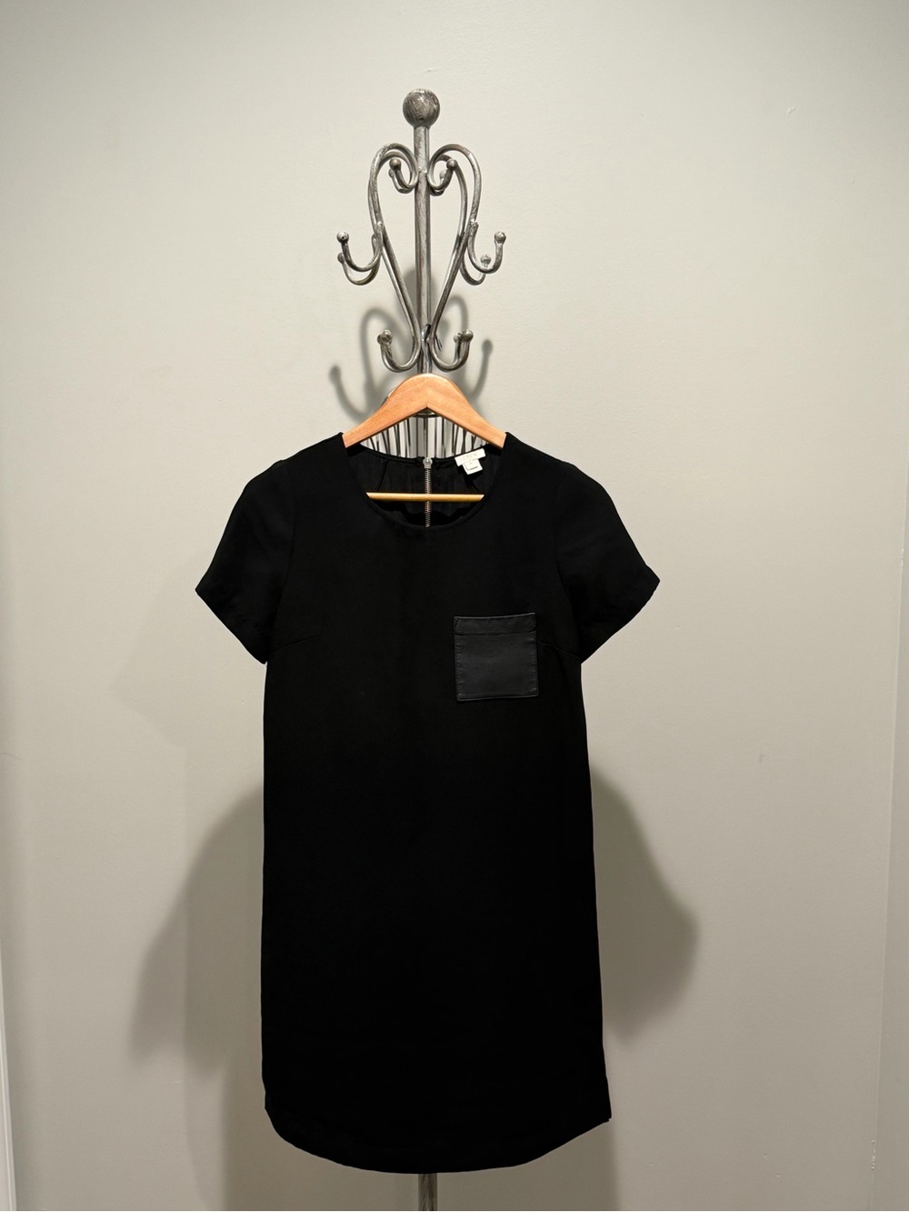 J. Crew Women's Short Sleeve Shift Dress in Black with Faux Leather Pocket